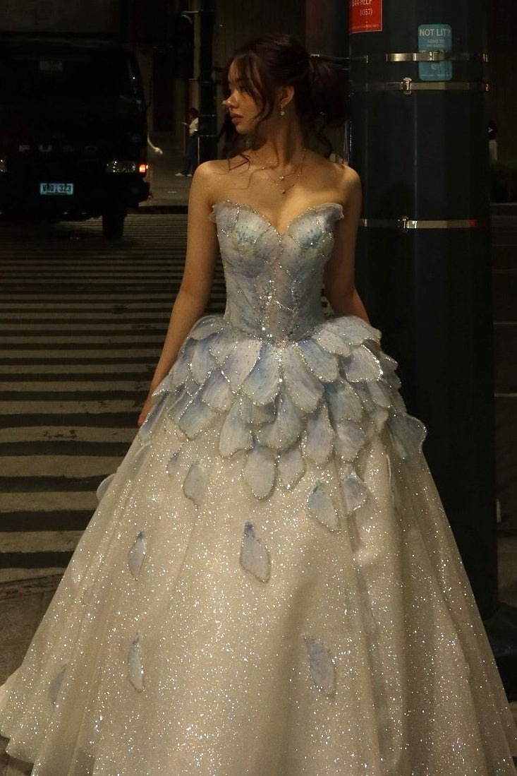 Furlla Women Light Blue Long Prom Dress Princess A Line Sweetheart Formal Dress with Beading – Furlla Official