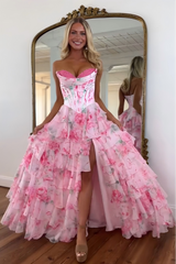 Princess A Line Sweetheart Pink Corset Prom Dress with Ruffles Appliques
