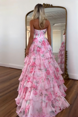 Princess A Line Sweetheart Pink Corset Prom Dress with Ruffles Appliques