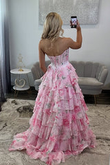 Princess A Line Sweetheart Pink Corset Prom Dress with Ruffles Appliques