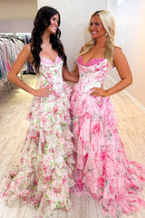 Princess A Line Sweetheart Pink Corset Prom Dress with Ruffles Appliques