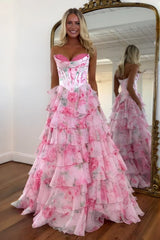 Princess A Line Sweetheart Pink Corset Prom Dress with Ruffles Appliques