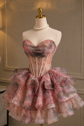 Princess A Line Sweetheart Pink Floral Printed Corset Homecoming Dress with Ruched