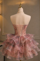 Princess A Line Sweetheart Pink Floral Printed Corset Homecoming Dress with Ruched