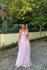 Princess A Line Sweetheart Pink Lace Corset Prom Dress with Criss Cross Back