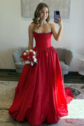 Princess A Line Sweetheart Red Corset Prom Dress with Beading