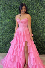 Princess A Line Sweetheart Red/Pink Corset Prom Dress with Ruffles