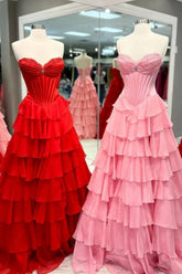 Princess A Line Sweetheart Red/Pink Corset Prom Dress with Ruffles