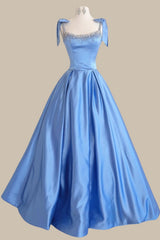 Princess Blue Ball Gown Prom Dress with Rhinestone Bodice and Bow Straps