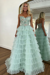 Princess Mint Green Tiered Tulle Prom Dress with Floral Embroidered Corset
