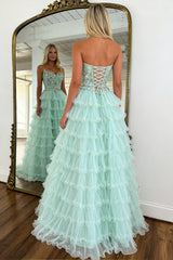 Princess Mint Green Tiered Tulle Prom Dress with Floral Embroidered Corset