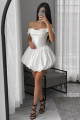 Princess Satin Off Shoulder Corset Mini Homecoming Dress with Bubble Skirt