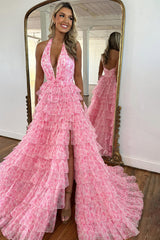 Princess A Line Halter Neck Pink Printed Tulle Long Prom Dress with Ruffles
