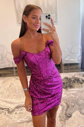 Purple Sparkly Sequin Off The Shoulder Short Homecoming Party Dress