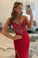 Red Beaded Mermaid Prom Dress with Plunging V-Neck and High Slit