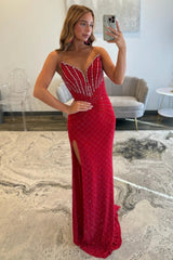 Red Beaded Mermaid Prom Dress with Plunging V-Neck and High Slit