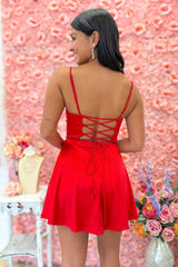 Red Fit and Flare Spaghetti Strap Lace Up Short Homecoming Dress