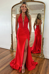 Red Halter Neck Backless Satin Mermaid Prom Dress with Lace Top and Long Silhouette