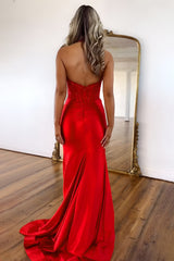 Red Halter Neck Backless Satin Mermaid Prom Dress with Lace Top and Long Silhouette