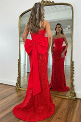 Red Lace Formal Gown with Structured Corset Bodice and Statement Bow