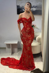 Red Off-Shoulder Lace Mermaid Prom Dress with Floral Appliqués