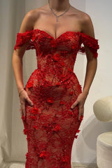 Red Off-Shoulder Lace Mermaid Prom Dress with Floral Appliqués