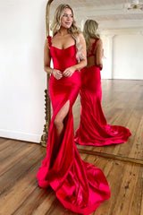 Red Satin Mermaid Prom Dress with Floral Strap Detailing and High Leg Slit
