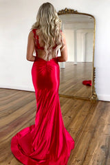 Red Satin Mermaid Prom Dress with Floral Strap Detailing and High Leg Slit