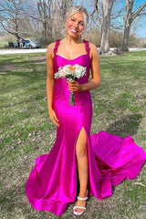 Red Satin Mermaid Prom Dress with Floral Strap Detailing and High Leg Slit