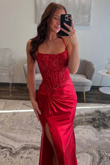 Red Spaghetti Strap Prom Dress with Lace Bodice and Crisscross Open Back