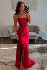 Red Spaghetti Strap Prom Dress with Lace Bodice and Crisscross Open Back