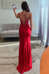 Red Spaghetti Strap Prom Dress with Lace Bodice and Crisscross Open Back