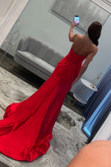Red Strapless Bow Front Long Mermaid Prom Dress with High Slit