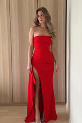 Red Strapless Ruched Strapless Long Mermaid Prom Dress with High Slit