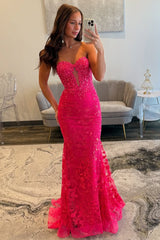 Fuchsia Strapless Sweetheart Prom Dress with Beaded Lace and Sheer V-Detail