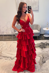 Red Tiered Ruffle A-Line Satin Prom Dress with Deep V-Neck & Cutout Waist