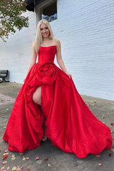 Romantic A-Line Rose-Embellished Strapless Satin Prom Gown