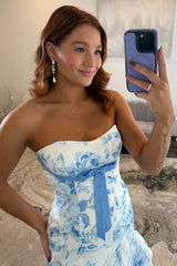 Romantic Blue Floral Corset Mermaid Prom Gwn with Layered Ruffle Hem