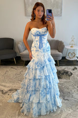 Romantic Blue Floral Corset Mermaid Prom Gwn with Layered Ruffle Hem