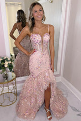 Romantic Blush Pink Floral Appliqué Corset Mermaid Prom Dress with Slit