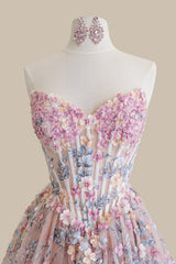 Romantic Blush Pink Floral Lace-Up Corset Prom Dress with Layered A-Line Skirt