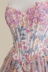 Romantic Blush Pink Floral Lace-Up Corset Prom Dress with Layered A-Line Skirt