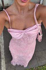 Romantic Blush Pink Lace Spaghetti Straps Prom Dress with Ruched Bodice