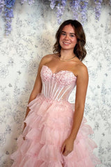 Romantic Blush Pink Sweetheart Corset Tiered Tulle Prom Gown with Slit