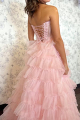 Romantic Blush Pink Sweetheart Corset Tiered Tulle Prom Gown with Slit