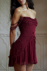 Romantic Burgundy Off Shoulder Mini Dress with Tiered Ruffle Skirt