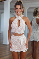 Romantic Floral Lace Two-Piece Homecoming Dress with High Neck and Mini Skirt