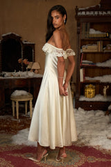 Romantic Ivory Tea Length Prom Dress with Lace Ruffle Detail