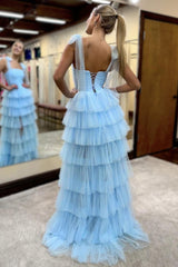 Romantic Light Blue Ruffled Tulle Lace Up Prom Dress with Soft Layers