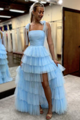 Romantic Light Blue Ruffled Tulle Lace Up Prom Dress with Soft Layers